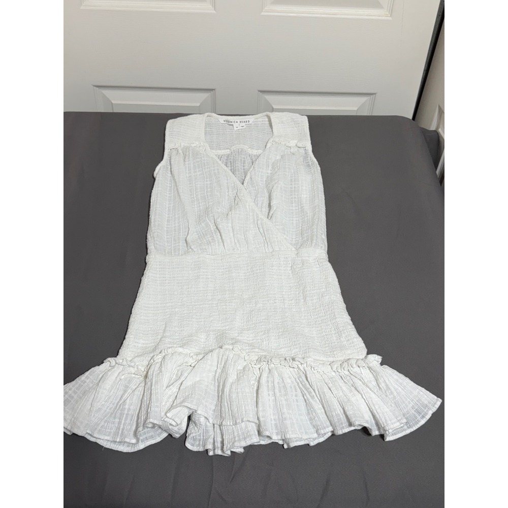 Veronica Beard White Cotton Smocked Ruffle Sleeveless V-Neck Mini Dress XS